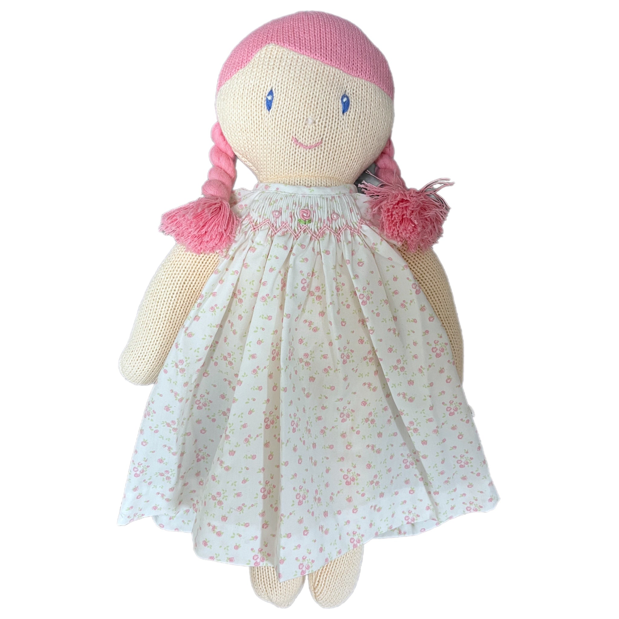 DOLL WITH WHITE AND BLUE POLKA DOT SMOCKED FLOWER DRESS