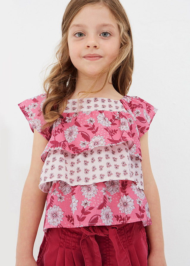 GIRLS PEONY FLORAL RUFFLE TOP
