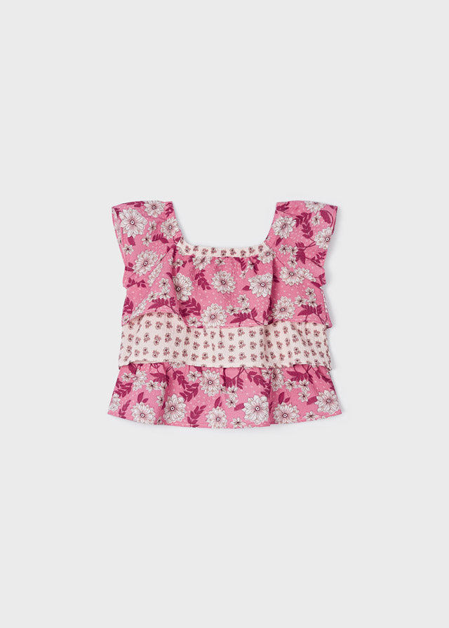 GIRLS PEONY FLORAL RUFFLE TOP